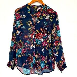 Kut from the Kloth Navy Floral Long Sleeve Sheer Shirt Top Size Small